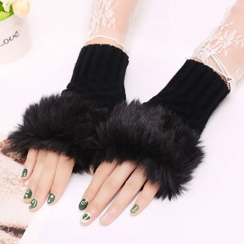 Women Fingerless Wrist Gloves Cute Faux Rabbit Fur Knitted Gloves Winter Thick Warm Knitted Warmer Driving Outdoor Mitten