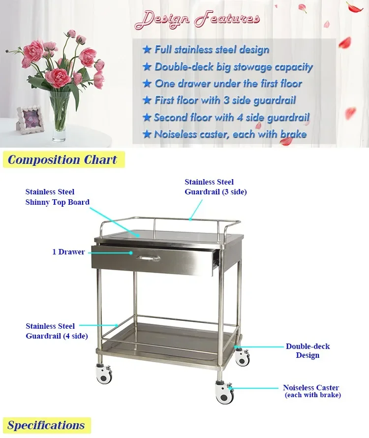 H-B28 stainless steel medical bedside trolley with drawers for medical equipment