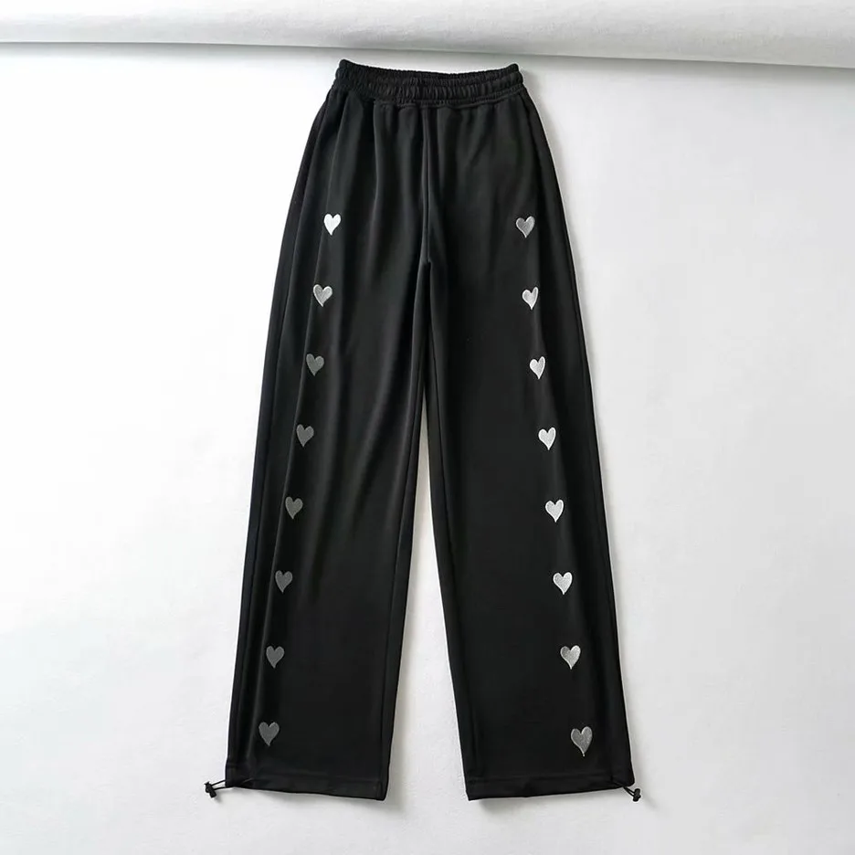 Women Sports Sweatpants High Waist Heart Embroidery Drawstring Straight Trousers Fashion Casual Women Wide Leg Pants