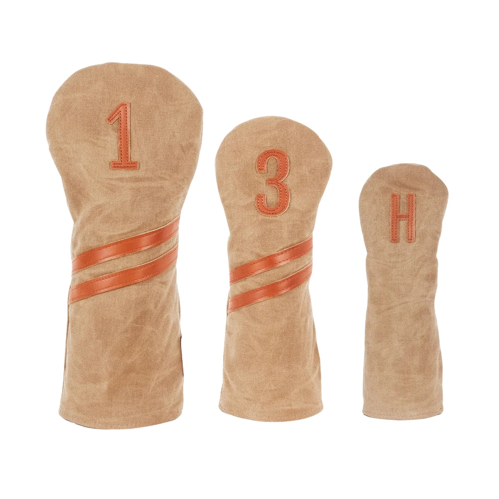 Light brown waxed canvas golf 2 piece classical driver wood club head protect headcover with plush lining