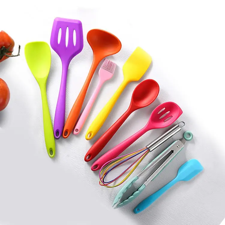 10Pcs Non-Stick Colorful Cookware Cooking Kitchen Gadgets Silicone Kitchen Utensils Set With Spatula Spoon Tongs Whisk