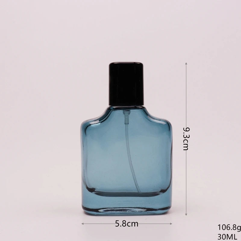 Custom spray color 30ML oblate empty flat glass perfume bottle with black lid