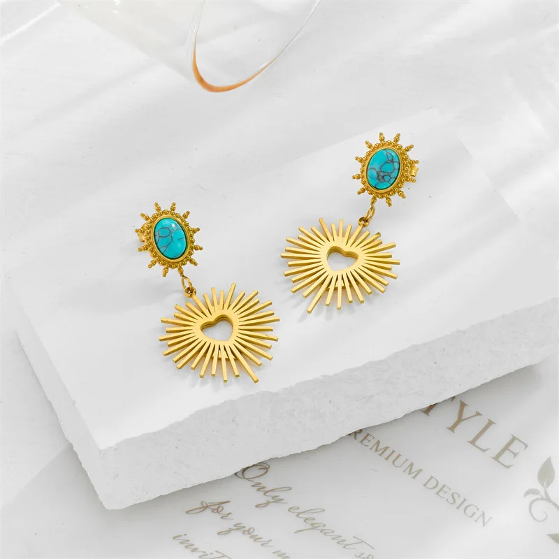 Y&J New Tarnish Free 18k Gold Plated Stainless Steel Turquoise Heart Drop Earrings For Women Jewelry
