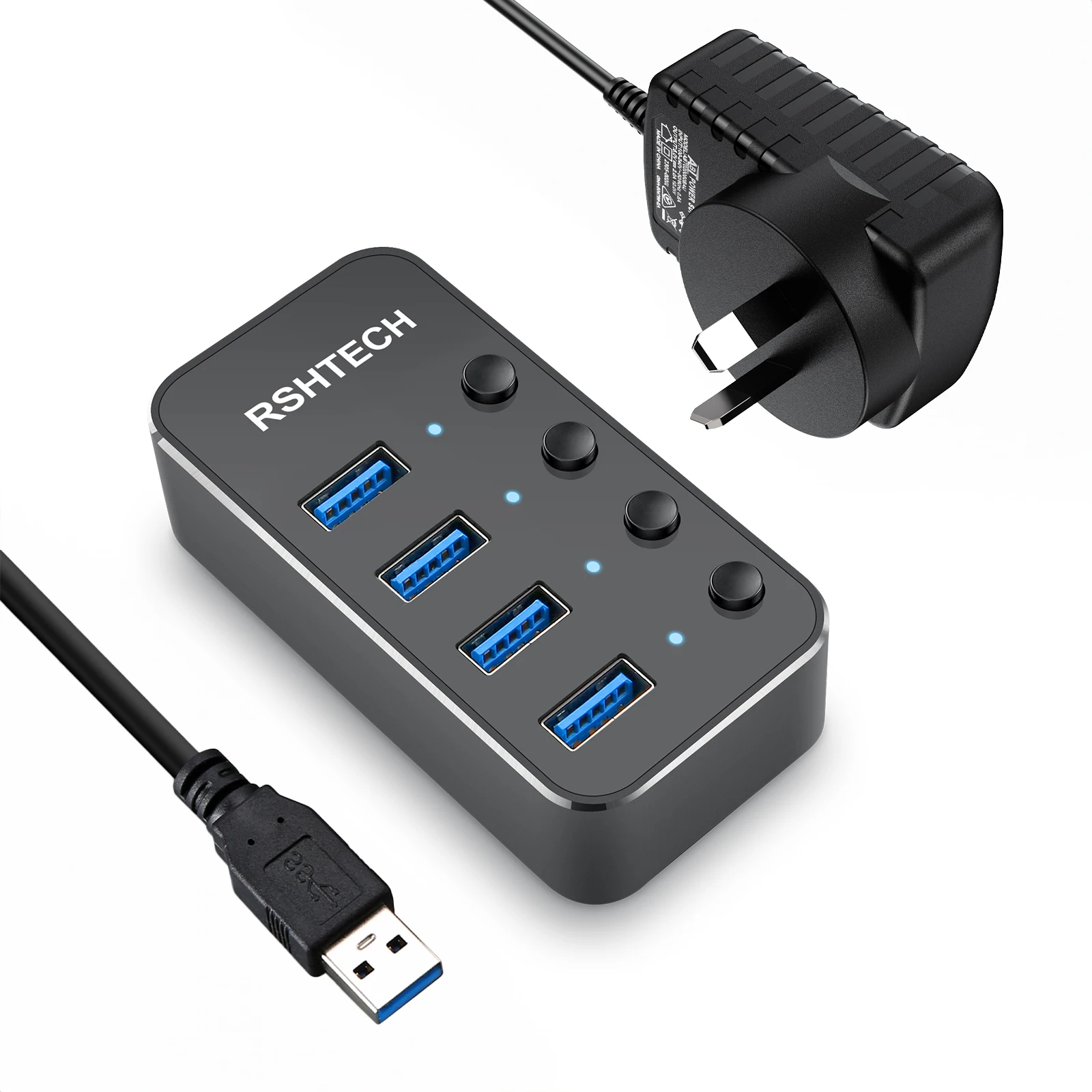 RSHTECH Powered USB Hub Universal 5V/2A AC Power Individual On/Off Switches 5Gbps High-speed 4 Port USB 3.0 Hub for PC Laptop