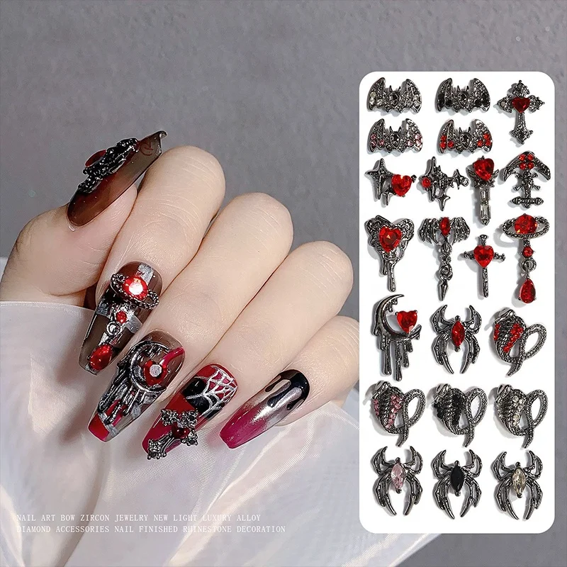 Mini Alloy Cross Nail Art Charm 3D Small Chrome Ancient Silver Heart Nail Decoration Punk Design Jewelry Halloween Nail Charms