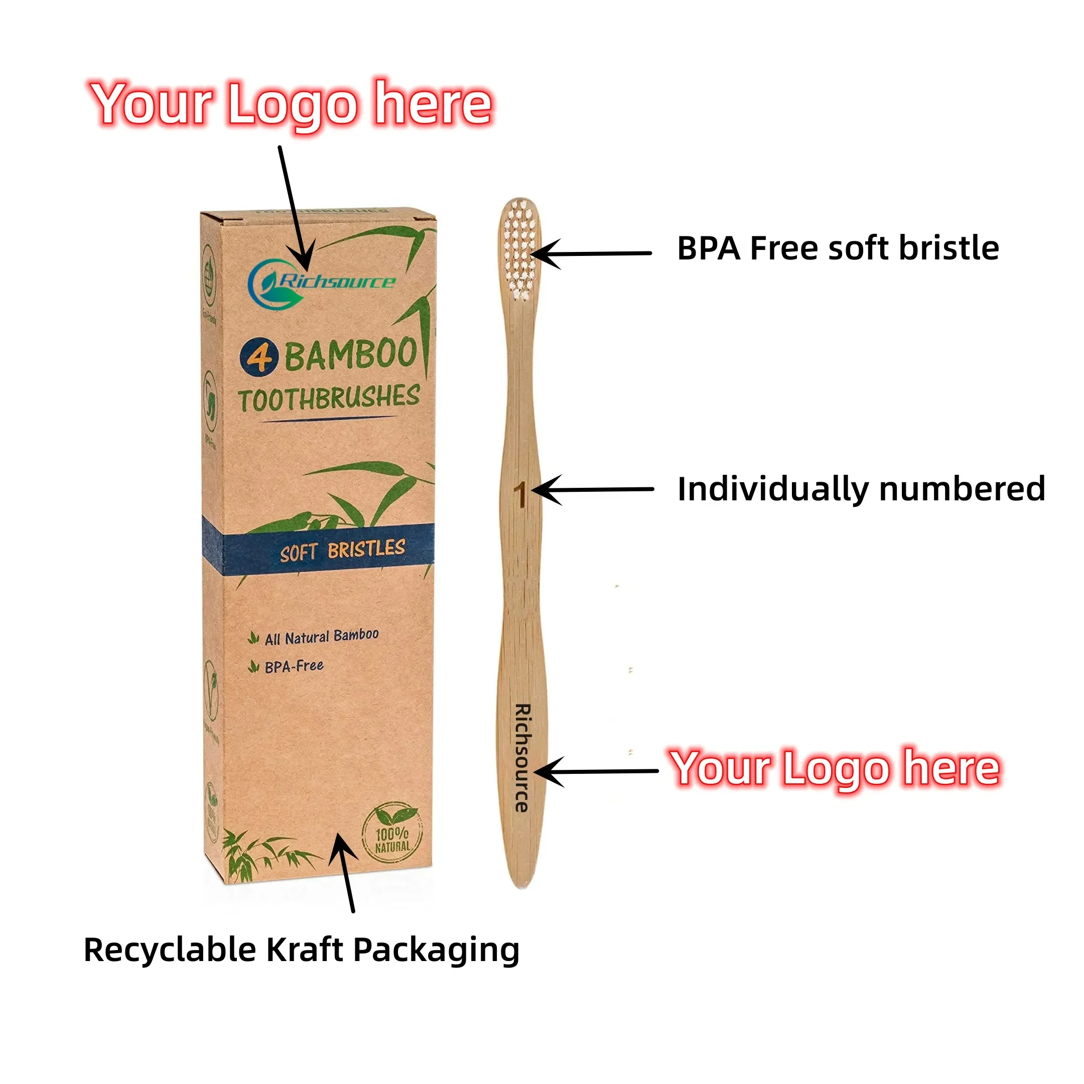 Custom Logo Eco-friendly Bamboo Toothbrush with Biodegradable Bamboo Handle Soft Bristle for Adult Use at Home Travel Box Packed
