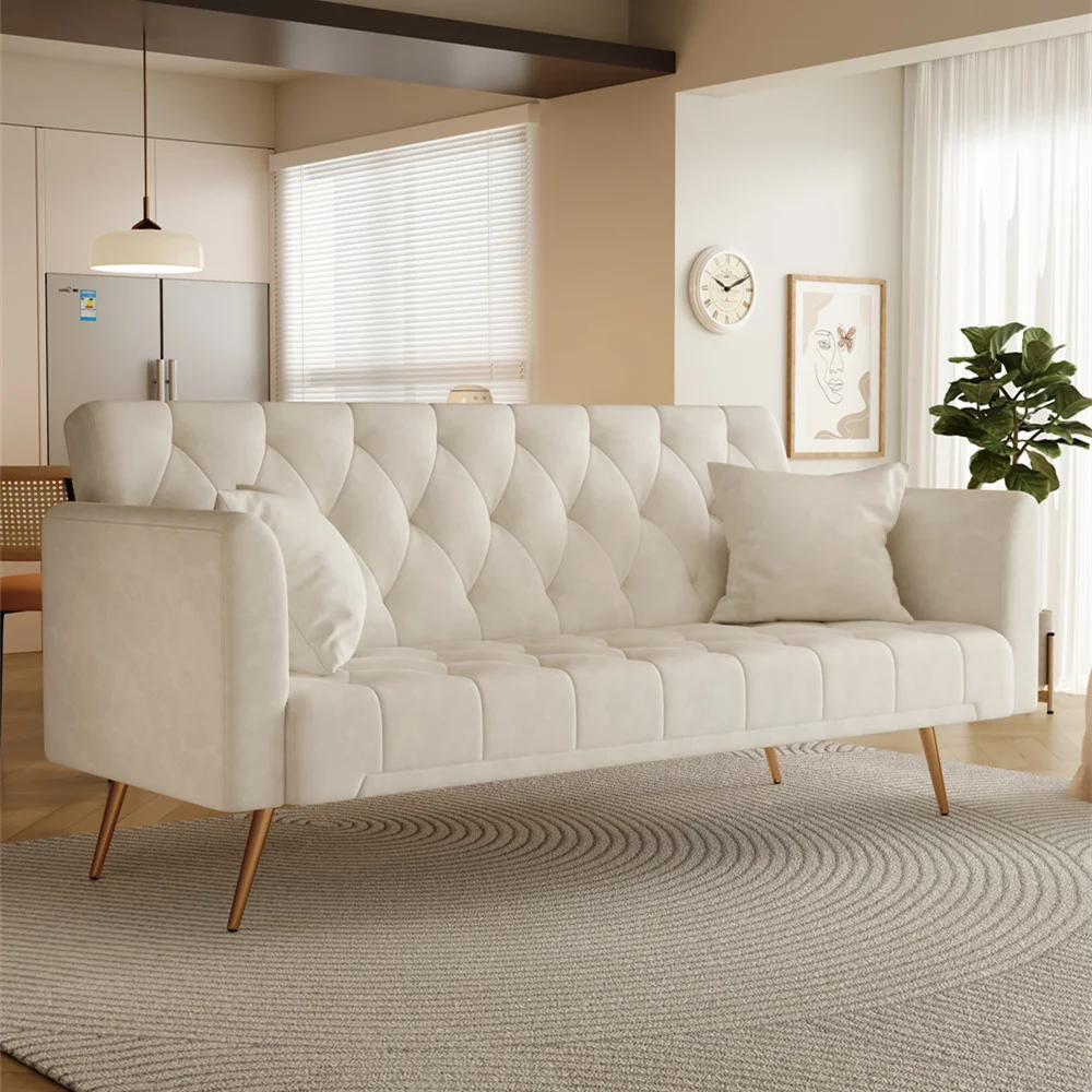 Custom Manufacturer Beige Velvet Three-Seat Sofa Come Bed with Two Throw Pillows Couches Luxury Living Room Sofa for Bedroom