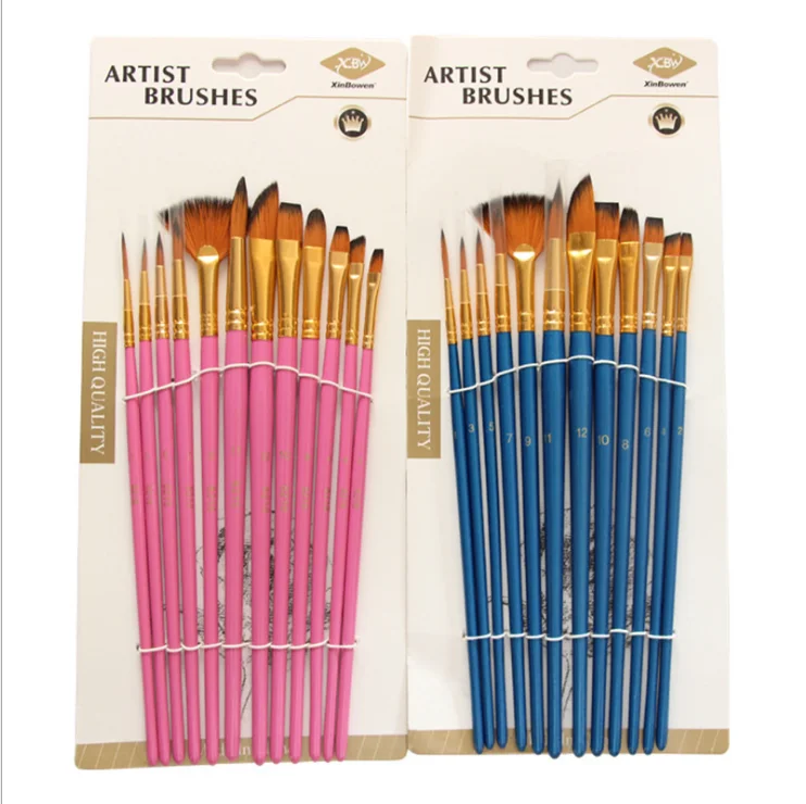 
12 Pcs Arts Brushes Set With Wood Handle Durable Smooth Nylon Hair Oil Painting Watercolor Paint Artist Brush 