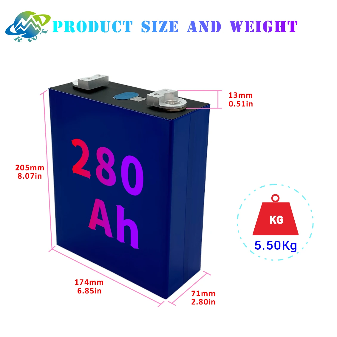 RWT Large Capacity Lithium Battery EV Using V3 Ear and 4-holes bus bar for Lifepo4 3.2 V 280Ah