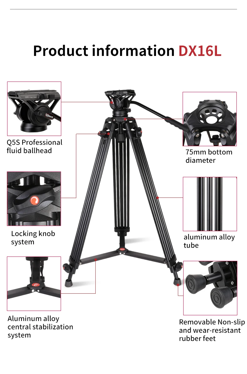 Coman 1.89M DX16LQ5S go pro OEM aluminum professional camera Video Tripod for nikon dslr camera factory wholesale supply