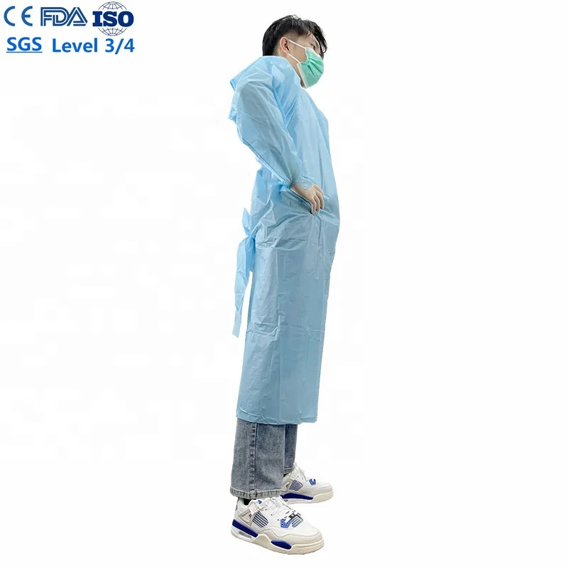 Factory Wholesale ASTM F1670 disposable CPE gown with tumb loop 510K blue apron dentist for Hospitals