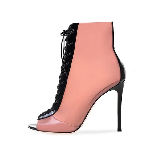 Peep Toe Lace Up High Heel Pink Latex Booties Blush PVC And Black Patent Leather Ankle Boots Ladies Summer Shoes Women Stilettos