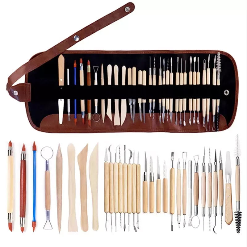 Hot sale, 30pcs wooden handle clay sculpting tools DIY modeling tool pottery carving set in fabric storage bag