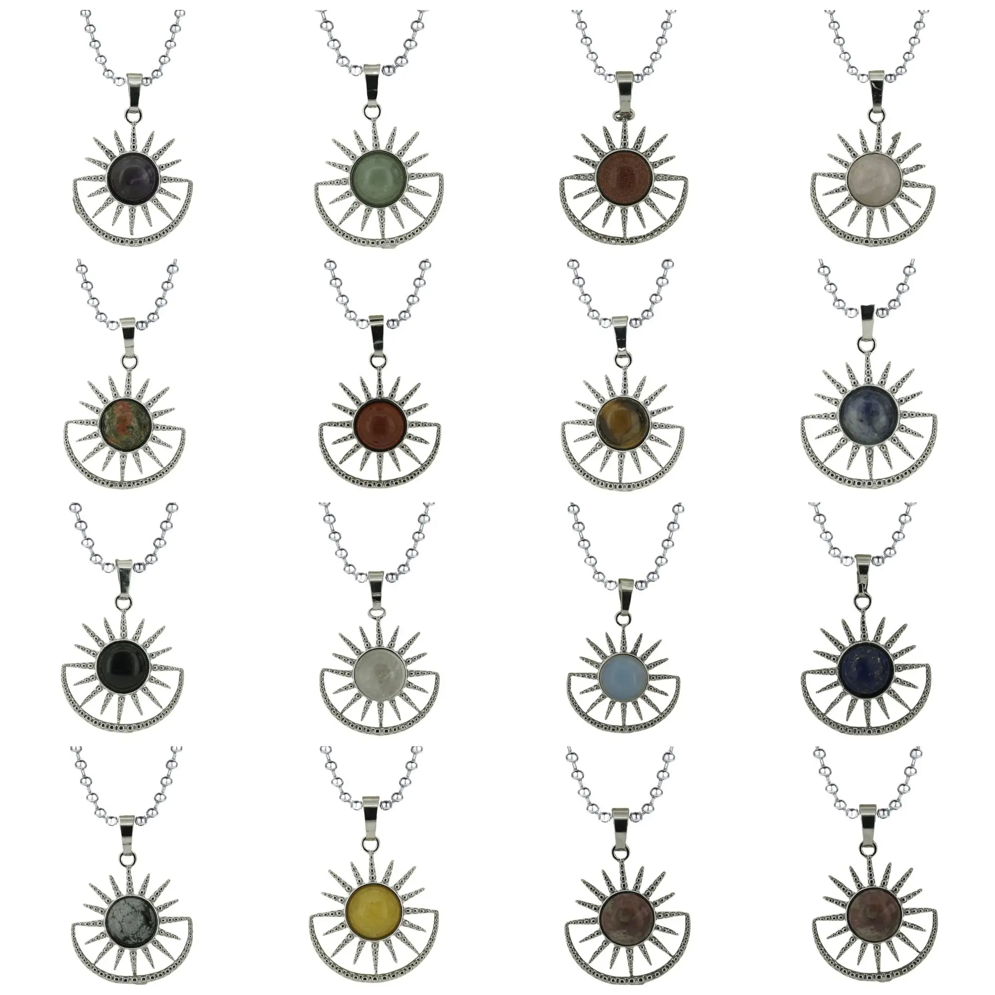 Trendy Snake Chains Sun-Shape Amethyst Tiger Eye Natural Stone Pendant Necklace Jewelry