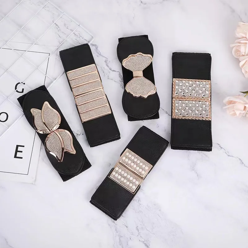 Custom Fashion Waistbands Elastic Belts For Women Dress Elegant Shiny Rhinestone pearl Corset Wide shape Elastic Waist Belt