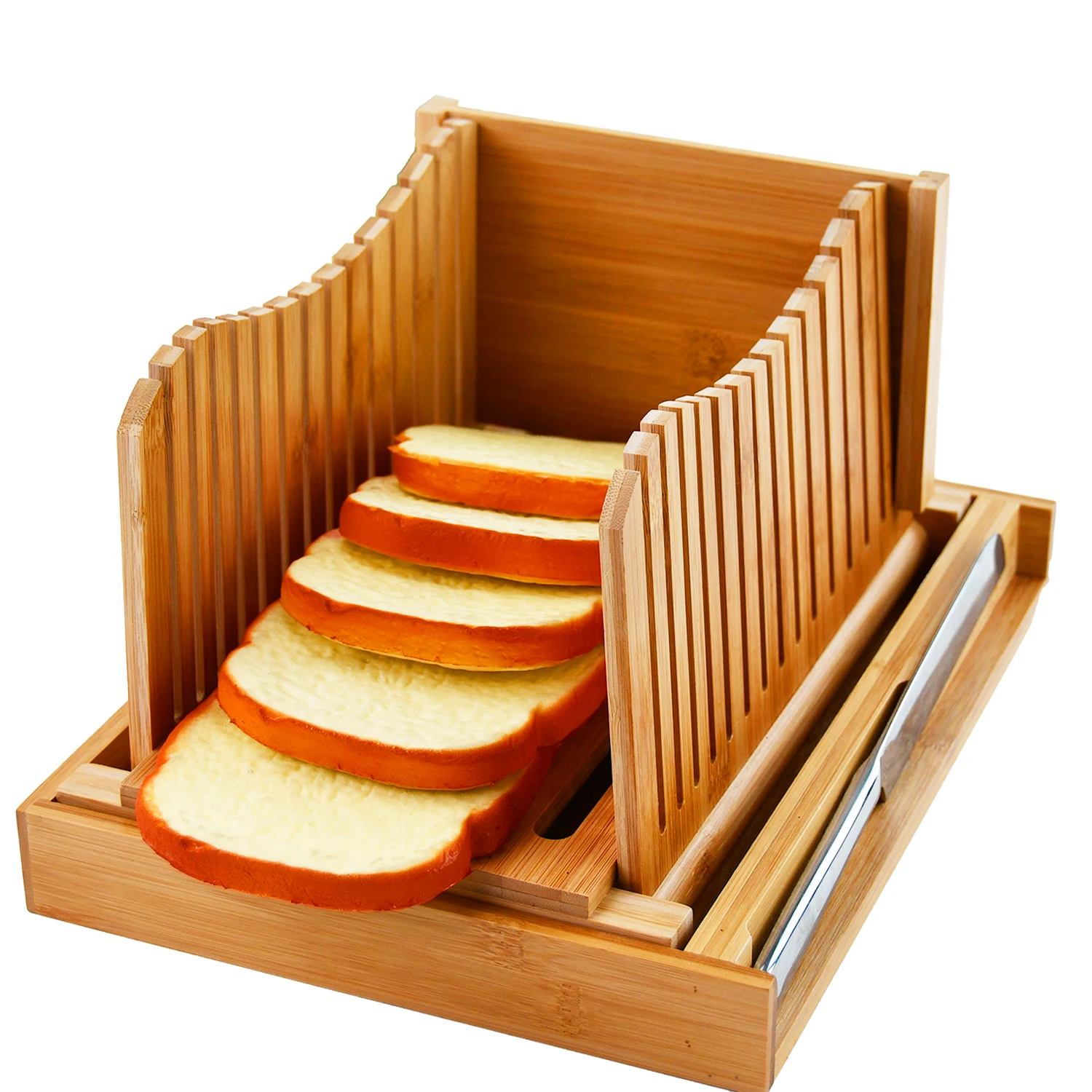 Adjustable Thickness Kitchen Bamboo Bread Slicer Cutting Guide With Knife & Serving Tray For Homemade Bread