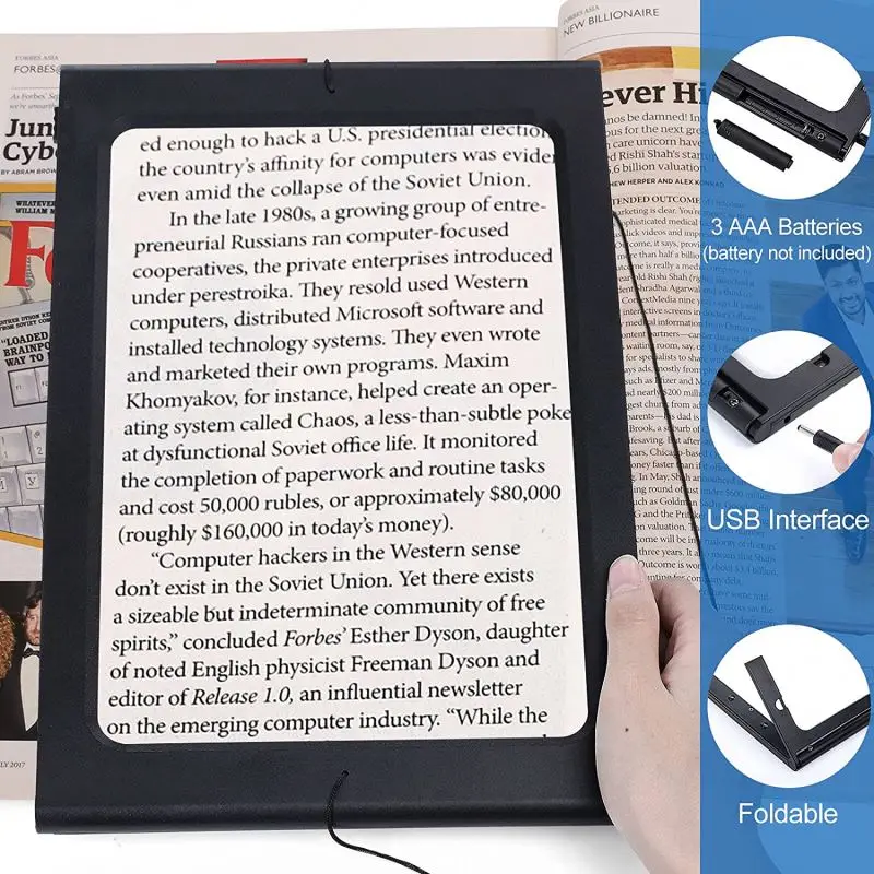 3x Foldable Desktop Large Full Page Magnifier With 12 Led Lights Ideal For Readiing, Rectangular Magnifying Glass With Led Light