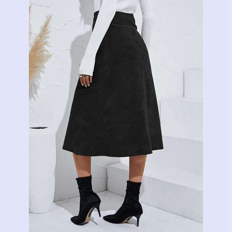 Channel Casual Women High Waist Button Front A Line Corduroy Midi Skirts Fall