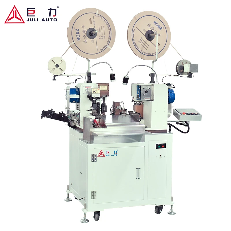 Fully automatic double end two electric wires cutting stripping twisting terminal crimping machine