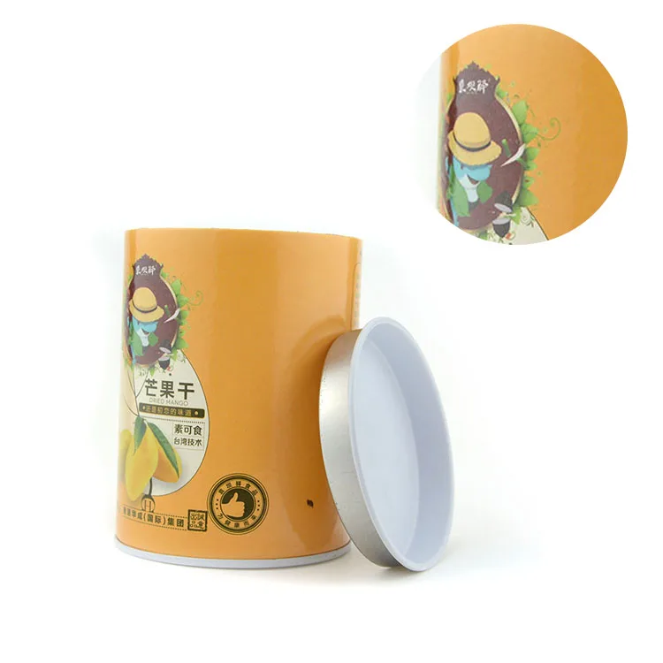 Wholesale custom logo 128g recycled dried fruit packaging tube can food packaging paper with foil inside tube with metal lid
