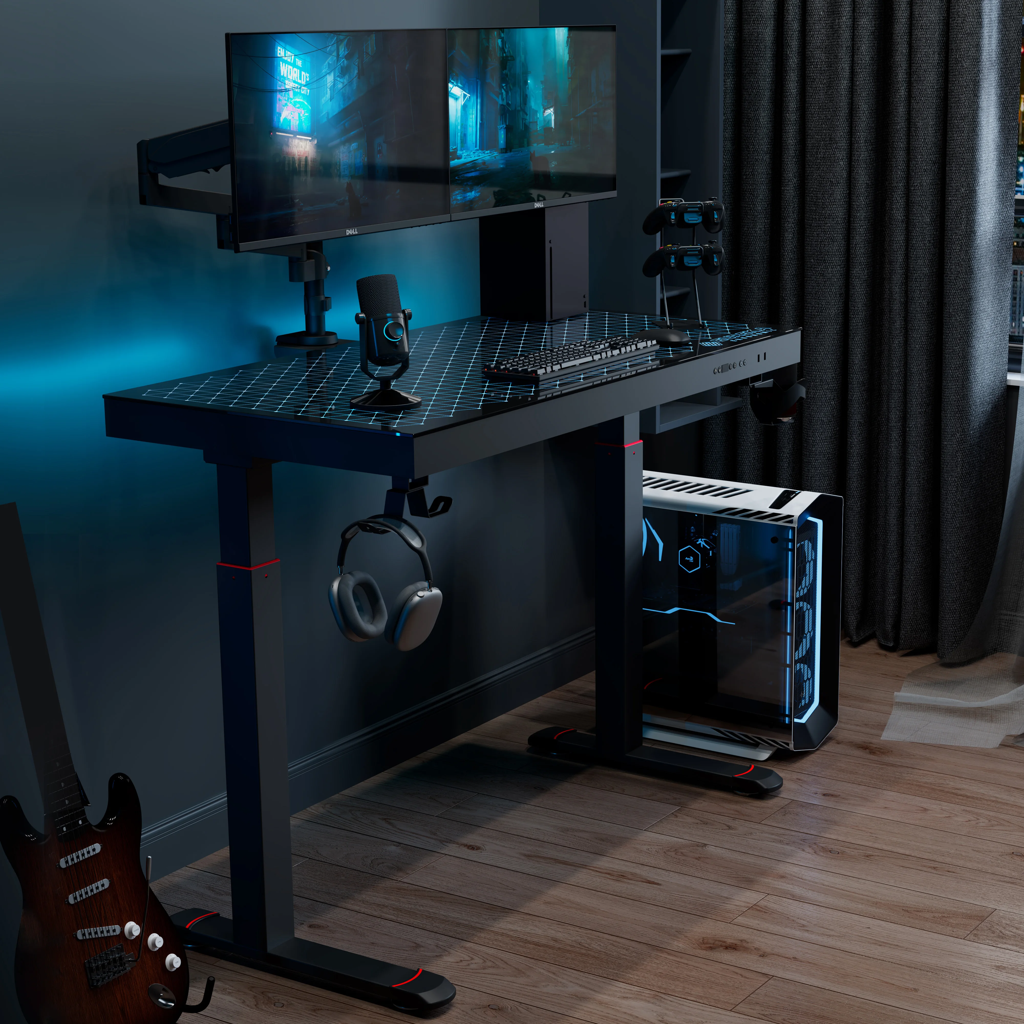 Music Sync RGB LED Lights Up Glass Gaming Standing Desk, Electric Height Adjustable Sit Stand Home Office Computer Studio Table
