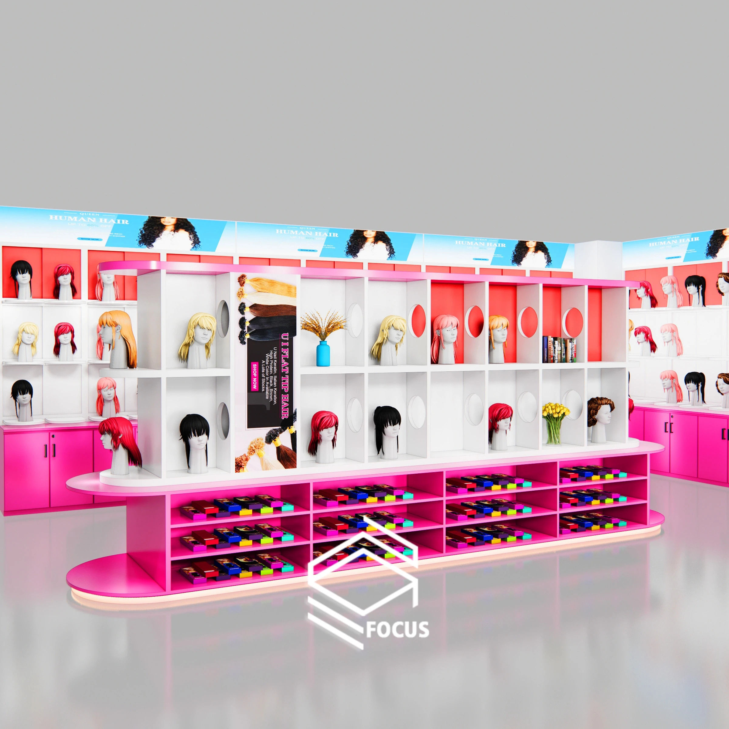 Beauty Shop Wig Display Showcase Furniture Beauty Store Display Hair Extension Salon Wall Display Cabinet For Wig Store Design