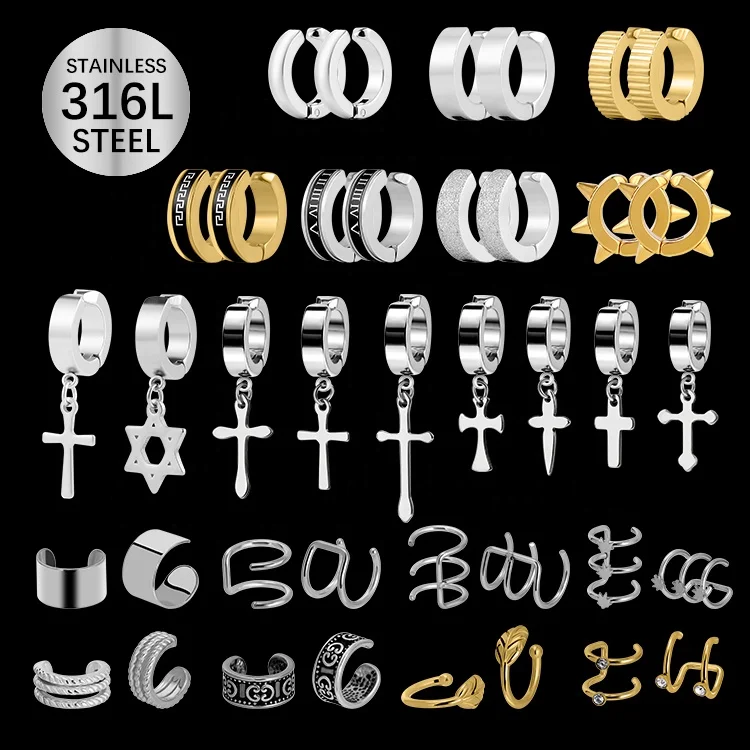 Wholesale 316 Stainless Steel Gothic Ear Clip Dangle Earrings Men Women Punk Cross Drop No Piercing Earrings