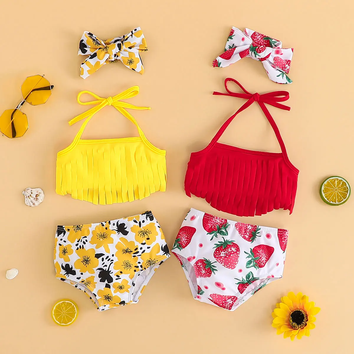 Summer Girls Kids Swimsuit Two Piece Floral Tassel Swimwear for Children Bikini Bathing Suit