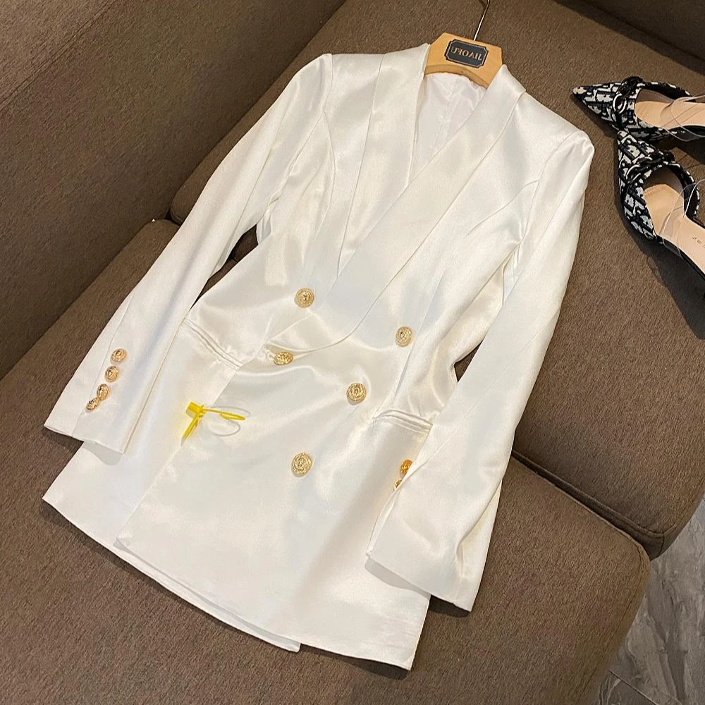 Elegant Satin Cloth Double-breasted Long Sleeve Shawl Collar Office Lady High Quality Blazer