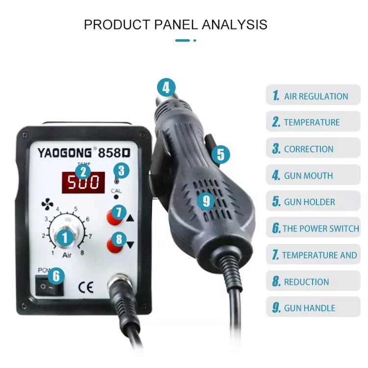 YAOGONG 858D Digital IC SMT Heat Gun Mobile Phone Repair Tool Set SMD Rework Hot Air Gun Desoldering Station