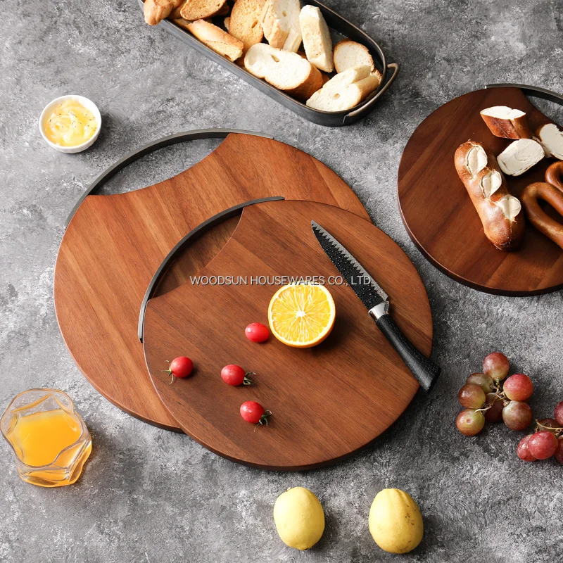 Woodsun Custom Metal Handle Round Chopping Block Acacia Wood Cutting Board Planche A Decouper
