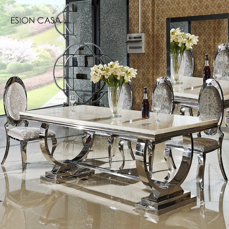 Luxury mirror furniture silver stainless steel velvet chair and rectangle silver dining table high back velvet chair dining room