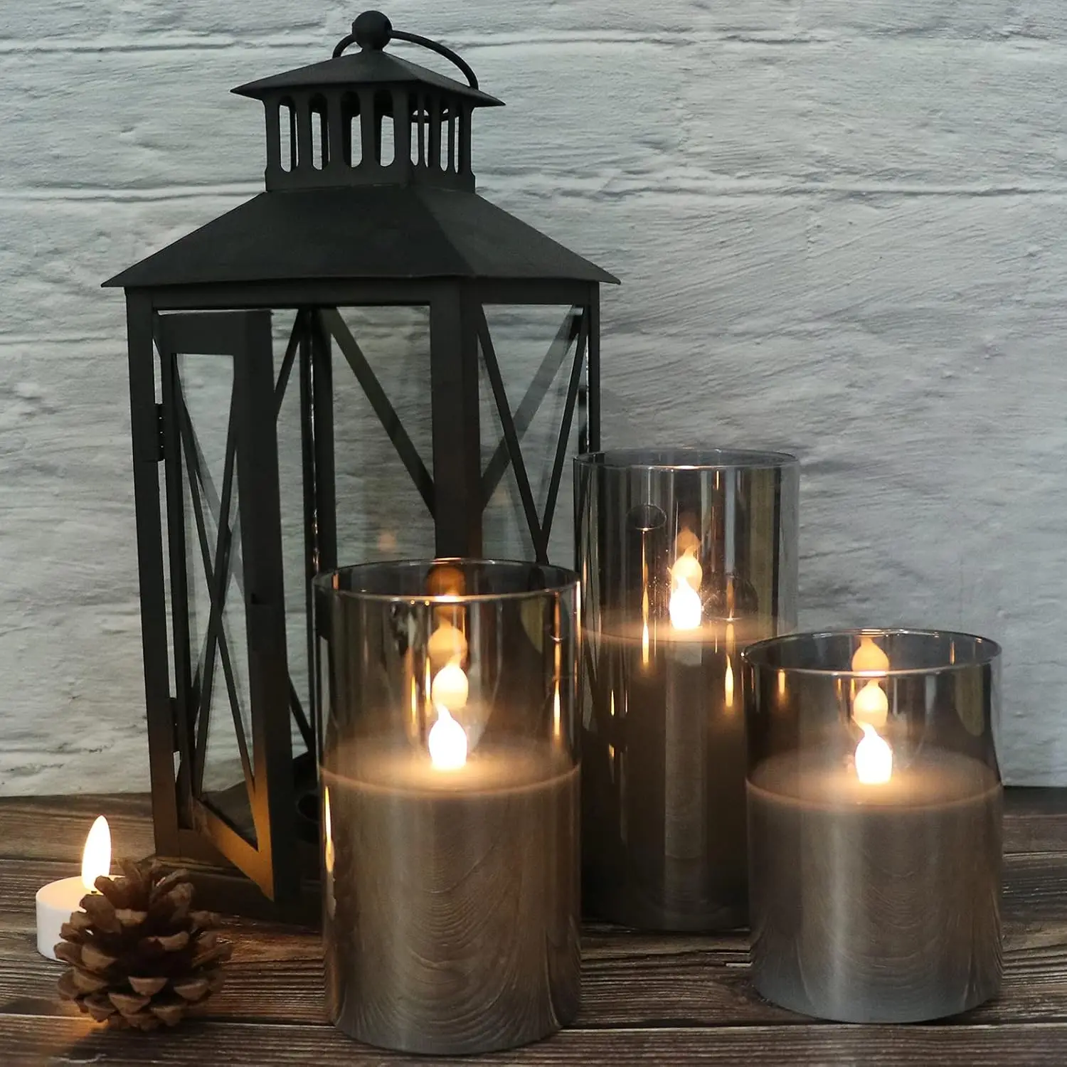 3pcs Set Gray Glass Battery Operated Flameless Led Candles with Remote and Timer Real Wax Candles Warm White Flickering Light