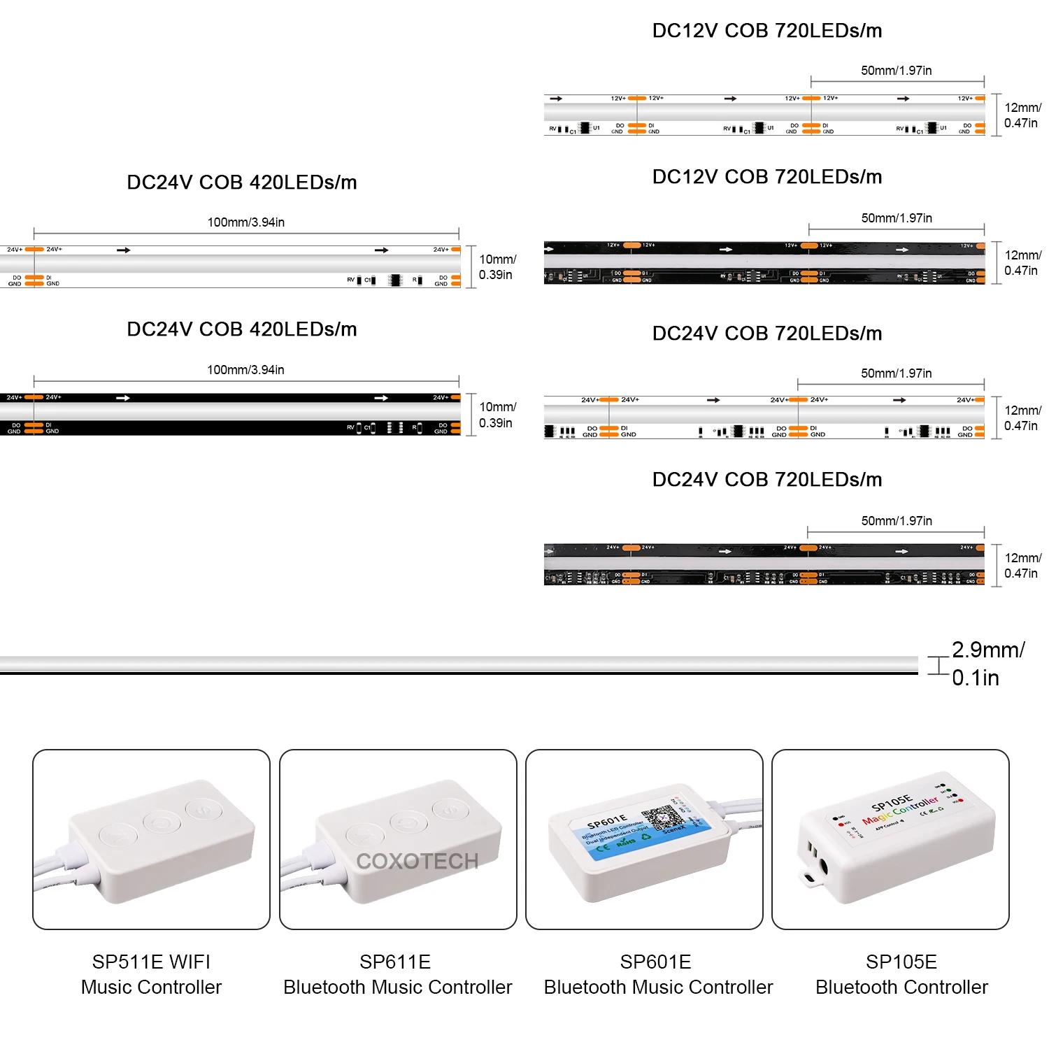 COXO Dream Color led strip ws2811 Rgbic Chasing Pixel 12v 24v 420led 720Led Addressable Pixel COB Digital ws2811 Led Strip