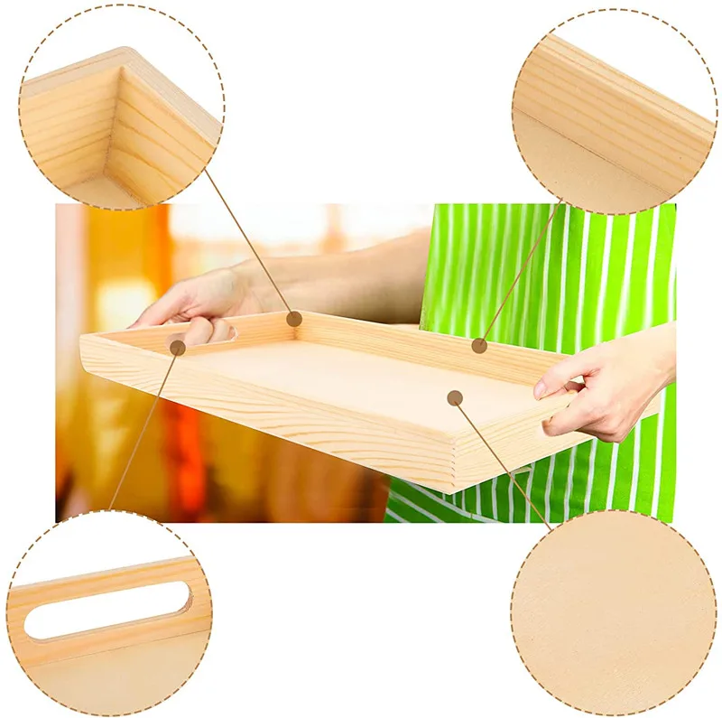 
Rectangle sofa arm bed tray table wood food tray with handle 