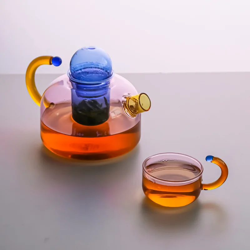 2024 Creative color contrast and high-temperature resistant glass teapot separated and filtered glass kettle and cup set