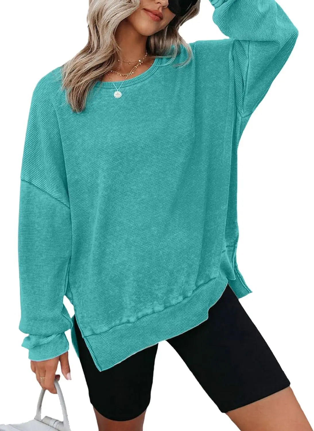 Womens Oversized Waffle Knit Crewneck Sweatshirts Long Sleeve Side Slits Casual Pullover Sweatshirt Tops