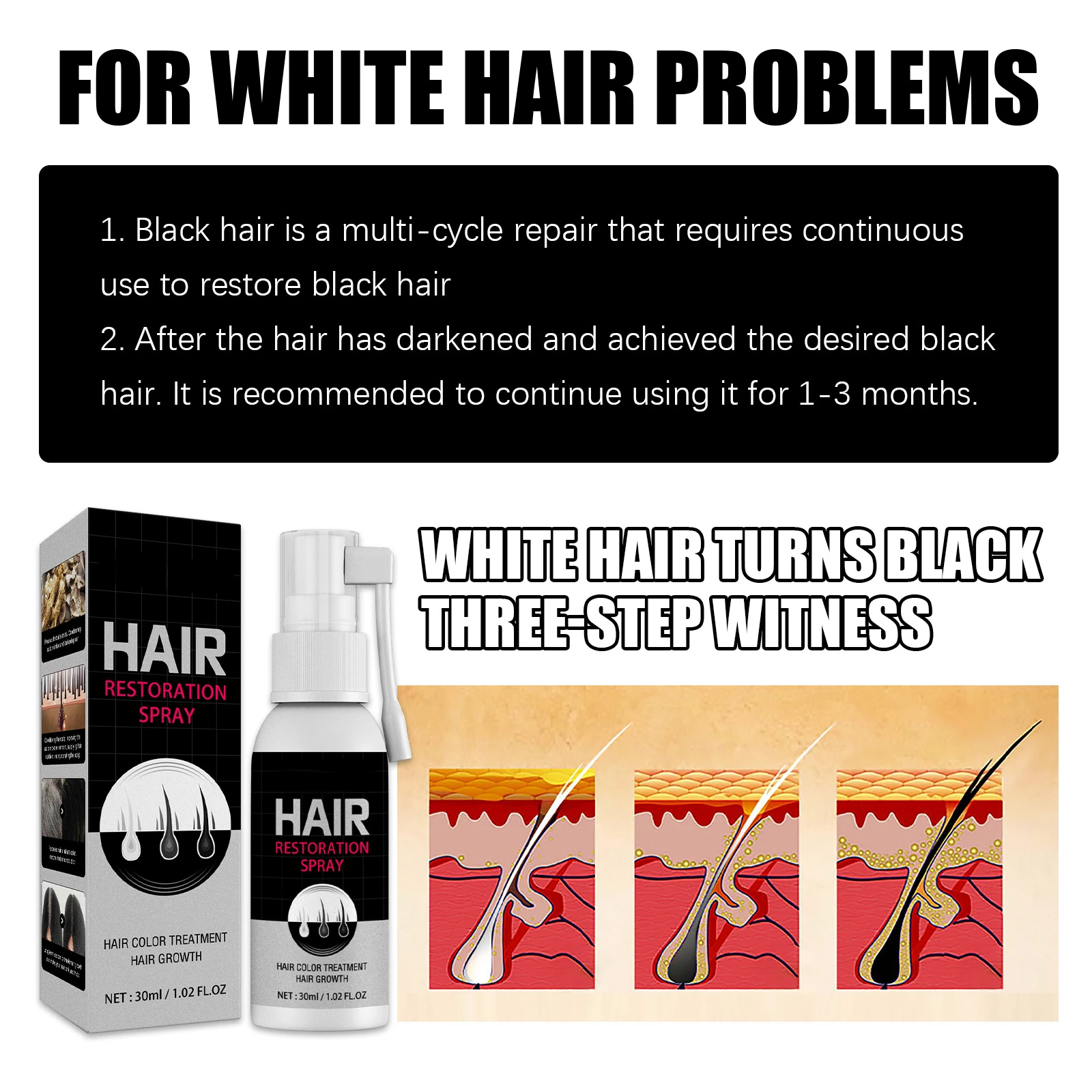 private label organic herbal serum hair growth turns white hair into black hair dye color spray