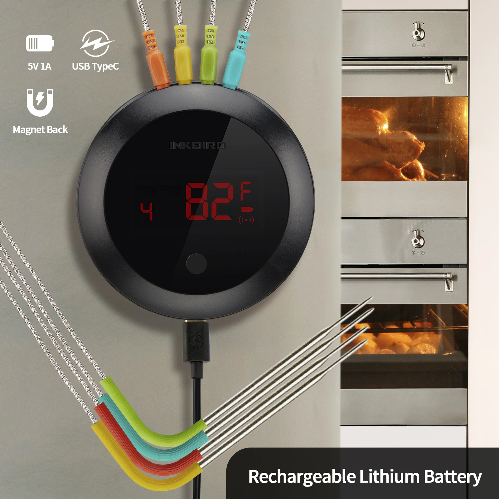 INKBIRD  IBT-4RT Wireless Meat Thermometer Smart Grill Thermometer with 4 Colored Probes