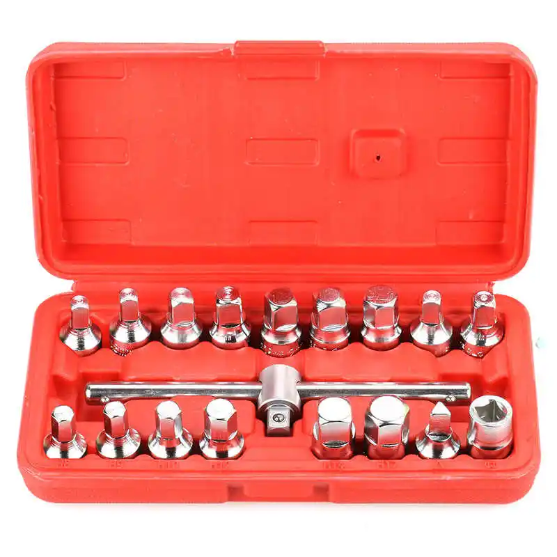 18 PCS Oil Drain Pipe Plug Socket Set Screws Removal Tool Triangle Square Hexagon T-bar Remover Sleeve Special Tools