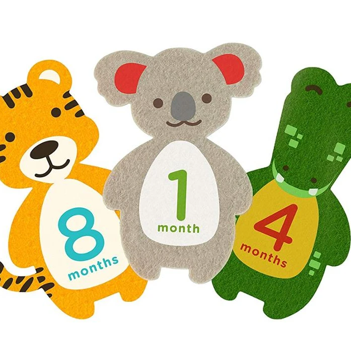 Set of 12 Photo Sharing felt Baby Belly Onesie Stickers with Cute Animal Designs