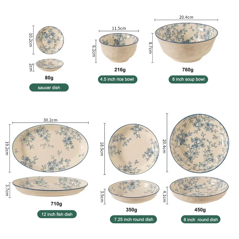 Porcelain Dinnerware Set with Floral Pattern Includes Dishes Plates Bowls for Soup Home Use Restaurant Tableware