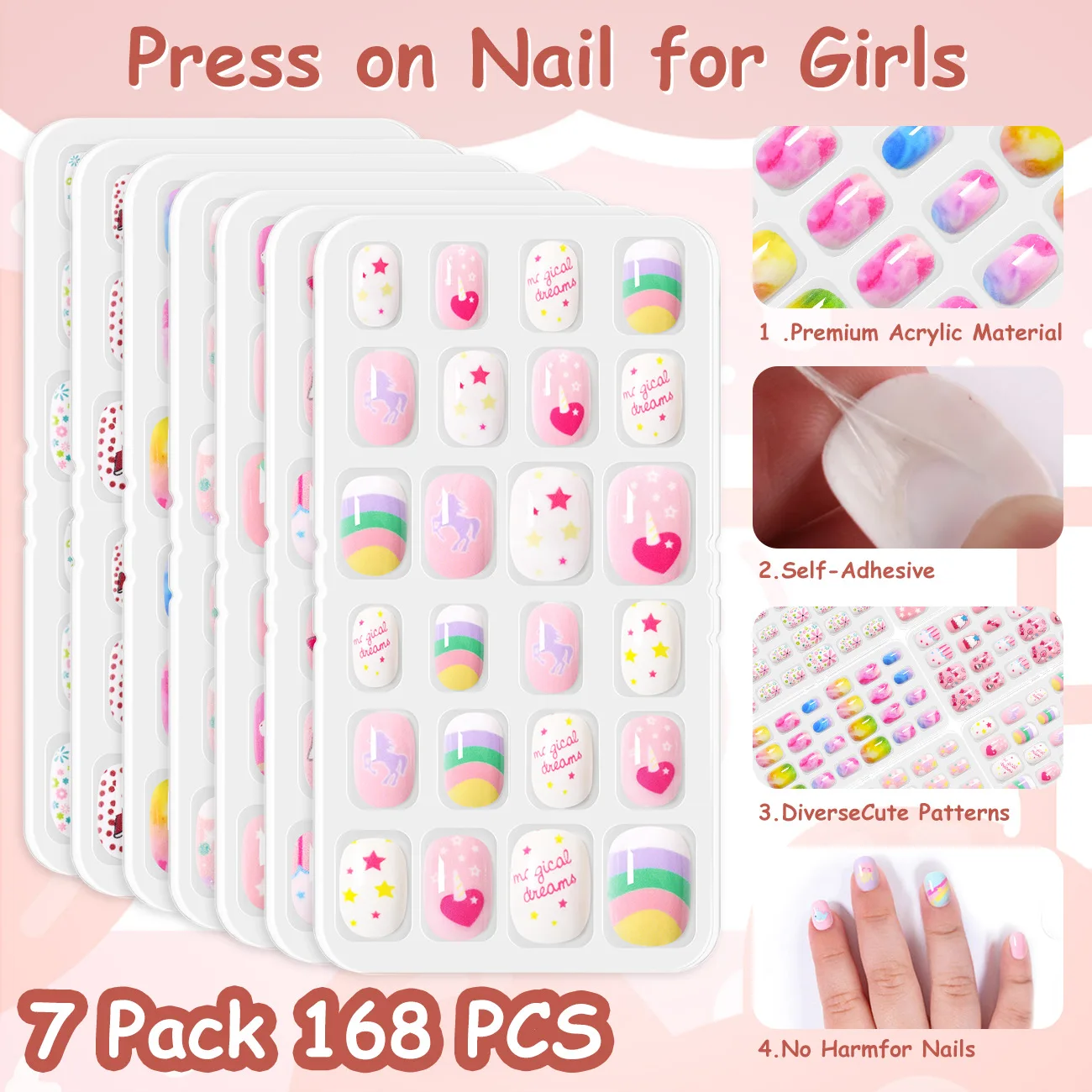 168PCS Children Press-On Nail Art Set Pre-Glued False Manicure Tips Decorative Stick on Nails for Kids Toddler Press on Nails