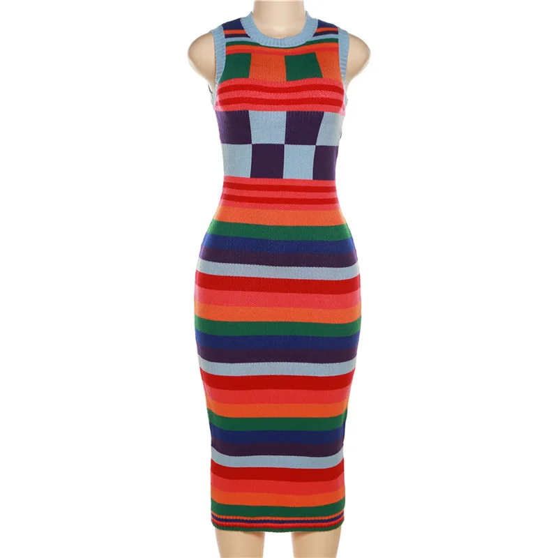 Colorful Plaid Striped Sleeveless Midi Round Neck Women Fall Knit Dress 2022