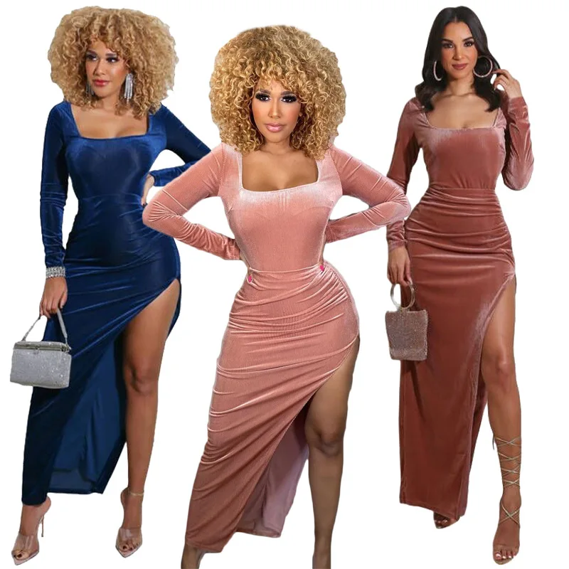 Feeling Fall Velvet Plus Size 2XL Office Lady Long Sleeve Square Collar Sexy Slit Pleated Casual Dresses