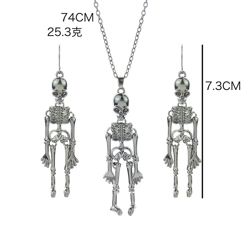 Dark Retro Style Halloween Jewelry Sets For Women Girls Vintage Hip Hop Metal Alloy Skull Skeleton Ghost Necklace Earring Set
