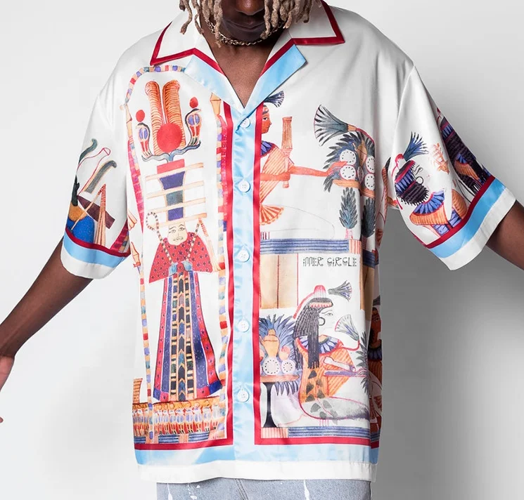 Custom t-shirts 100% polyester nylon luxury silk stain t shirts men boxy fit button up down bowling shirt
