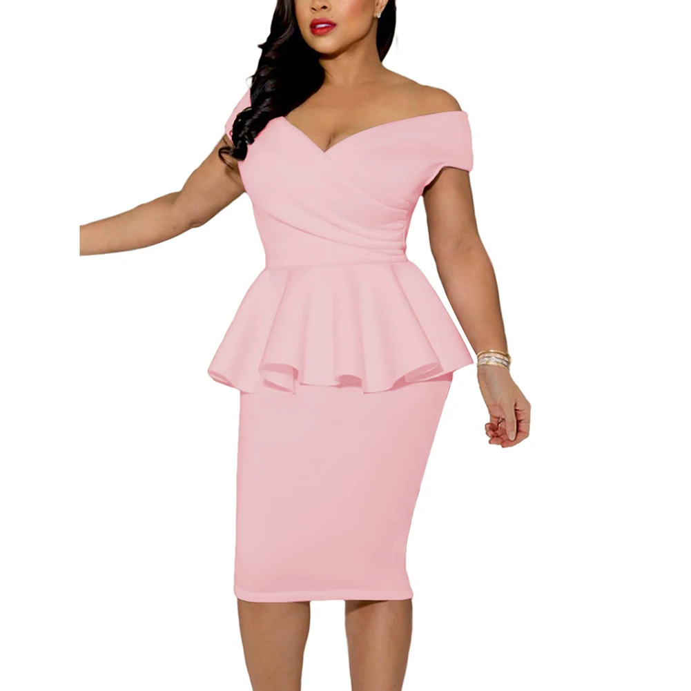 Off Shoulder Bodycon Dress Women Ruffle V Neck Ladies Pink Peplum Dress