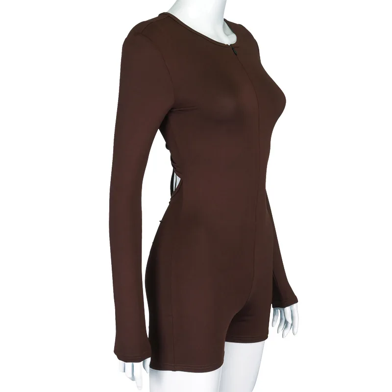 
H6675 - fashion bodycon long sleeve drawstring solid backless women rompers 