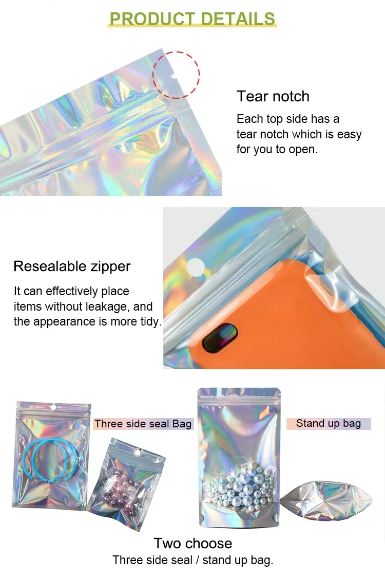 3 side sealed small holographic plastic laser printing zipper hologram bag